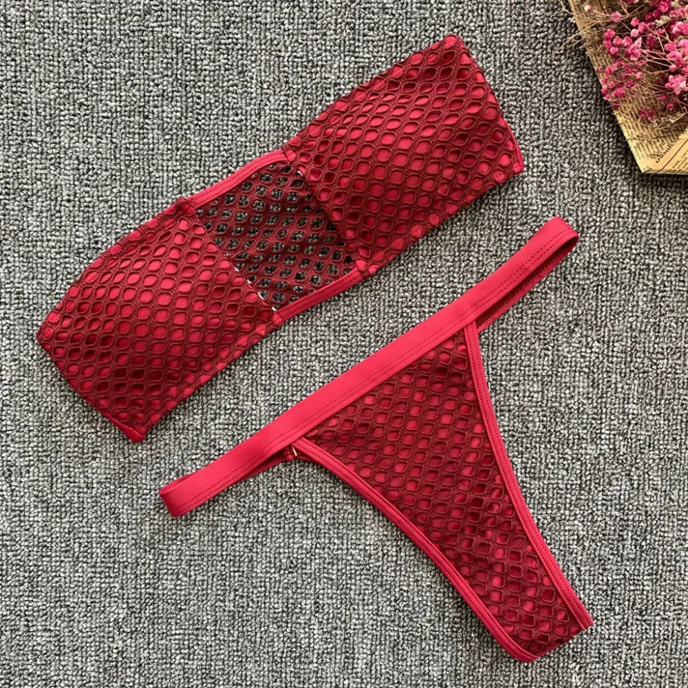 2019 bikinis sexy swimwear women solid color split women's bandage mesh swimsuit sexy beach bikini set swimsuit push up 40J19 (17)