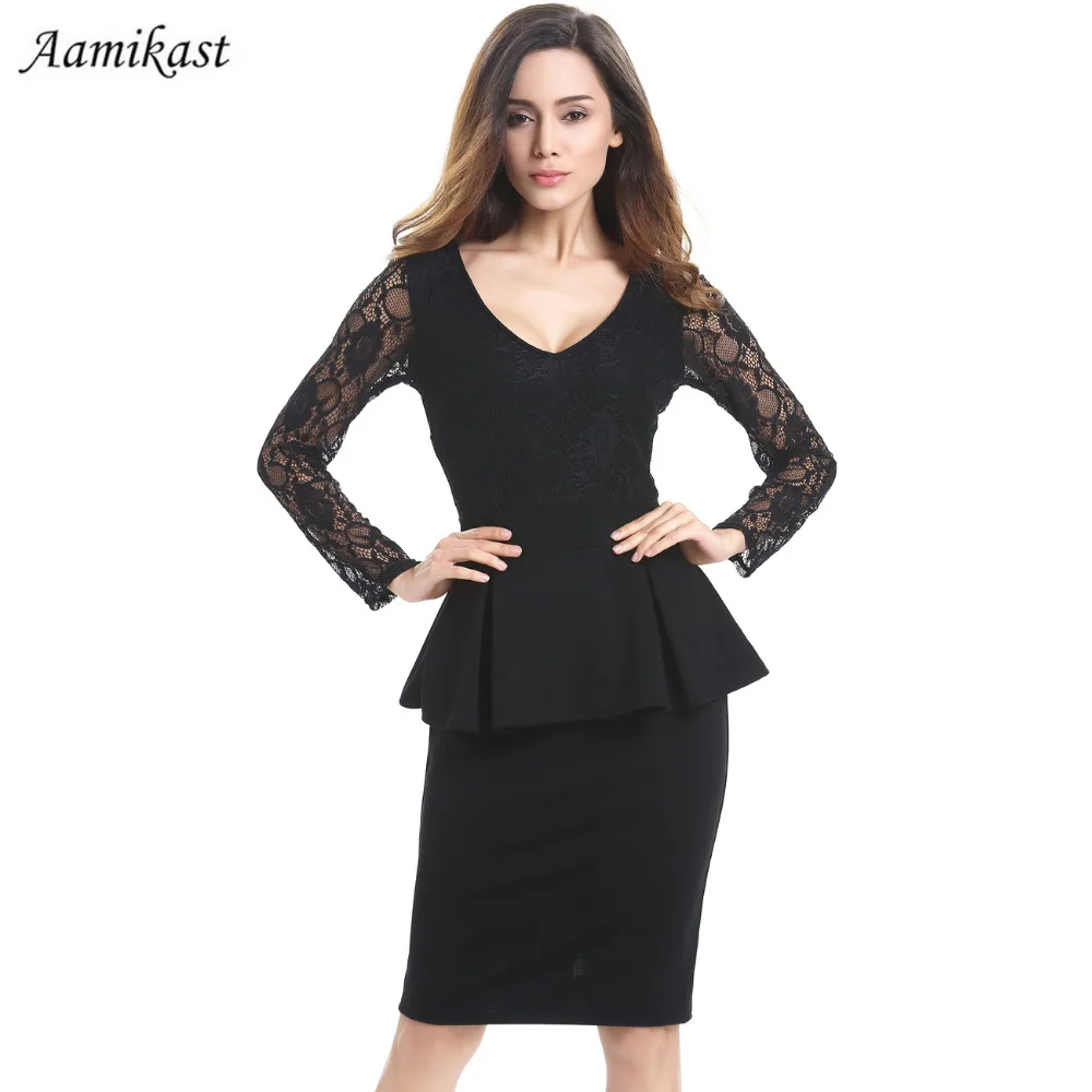 Baratos Aamikast 2018 vestido de invierno vestido de encaje negro con cuello en V Peplum Vintage de manga larga volantes fiesta OL Ladie vestido de oficina talla grande