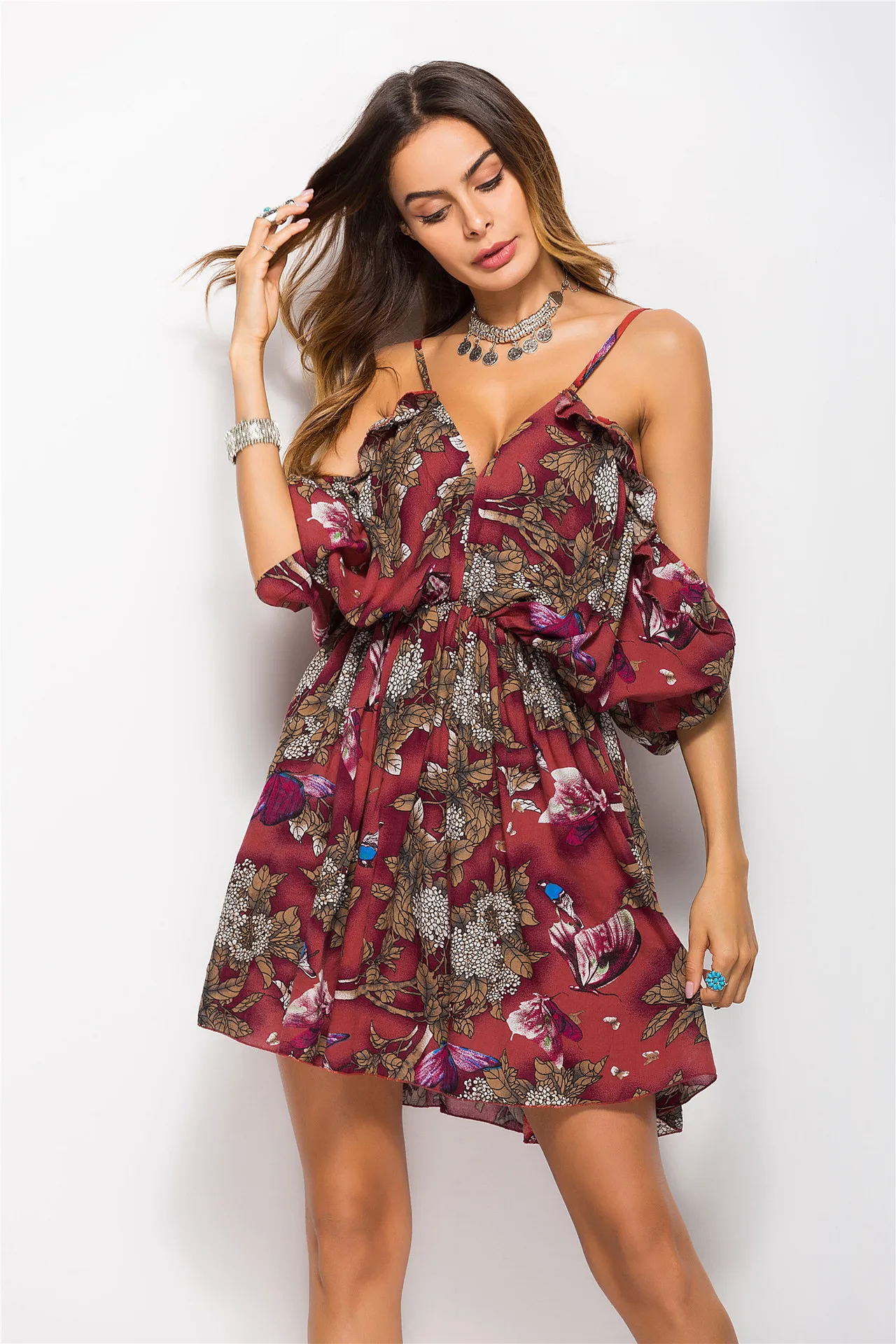 Women summer fashion sexy V-neck open back irregular sling dress off-shoulder batwing sleeve print dress party vestidos