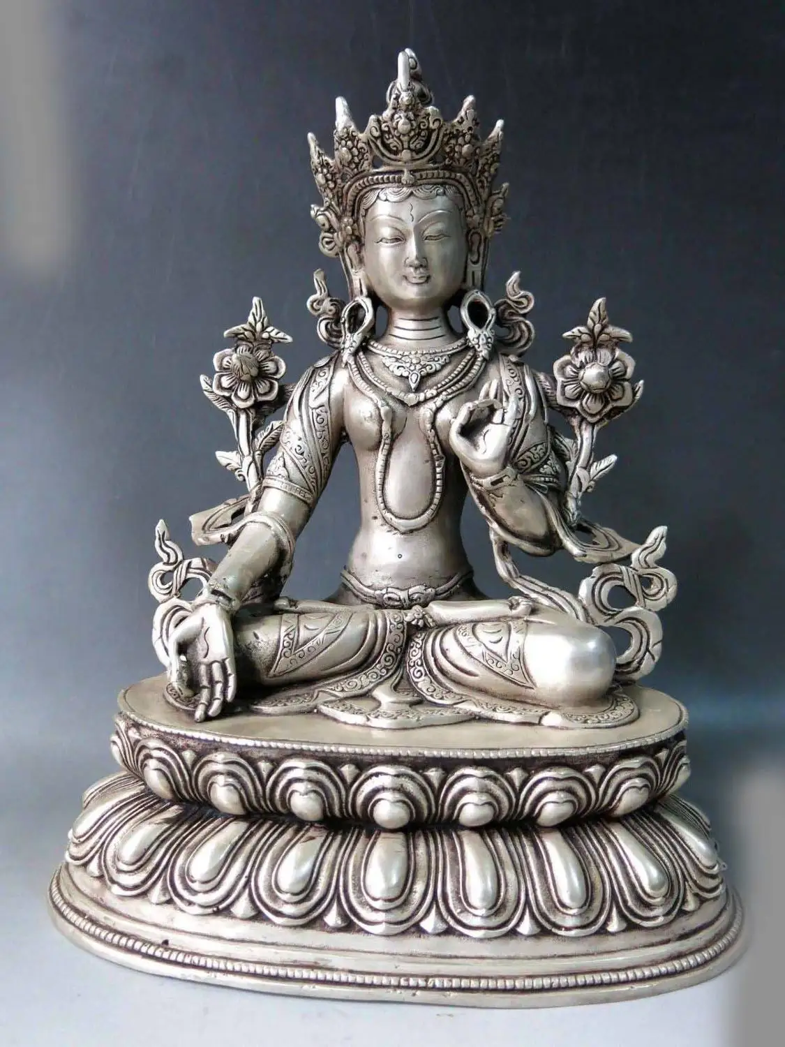 

12" China silver carved lotus flower Buddhism Kwan-yin White Tara buddha Statue