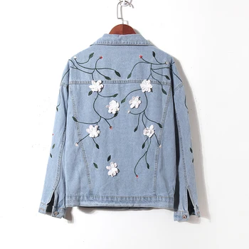 

Dimensional Flowers Embroidery Denim Coat for Women Solid Color Loose Female Outwear Single Button Long Sleeve Jean Jacket