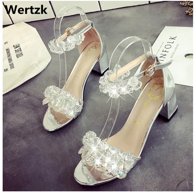 

New 2019 summer women's water diamond pendant sandals with chunky fishbill Roman heels and open-toe crystal wedding shoes E410