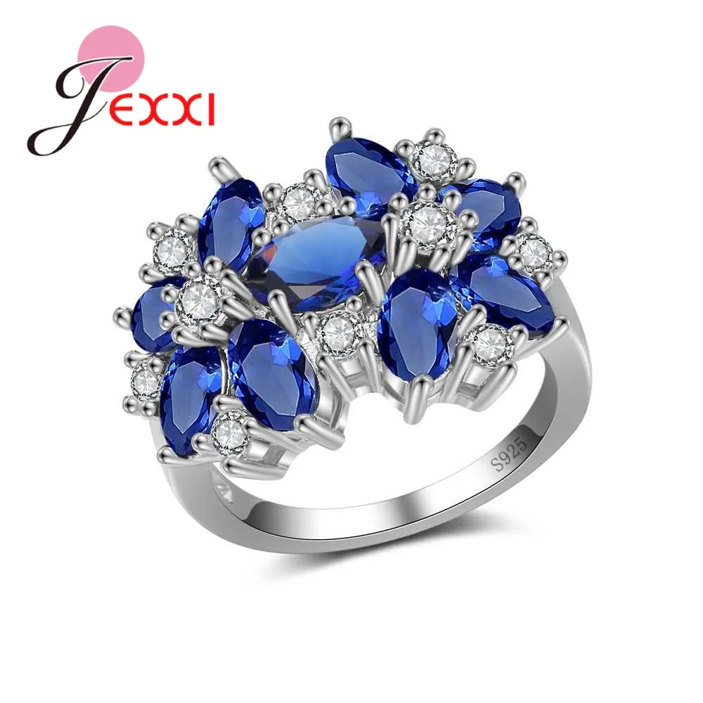 

JEXXI Real 925 Sterling Silver Rings For Bridal Women Filled Clear Blue Crystal Stone Luxury Flower Design Engagement Jewelry
