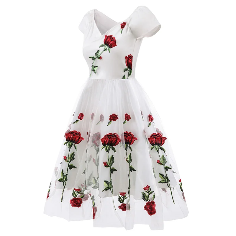 Versear цветочное вышитое Сетчатое женское платье с открытыми плечами с короткими рукавами винтажное ТРАПЕЦИЕВИДНОЕ Rave коктейльное вечернее платье vestidos