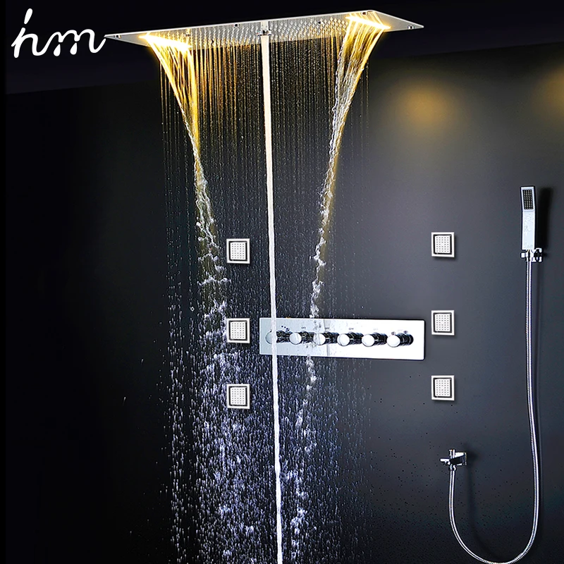 

Concealed shower thermostatic faucets SUS304 mirror panel with embedded ceiling LED shower head 380x700 rainfall mist spout