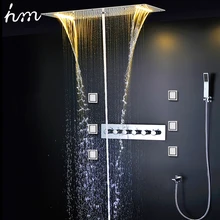 Concealed shower thermostatic faucets SUS304 mirror panel with embedded ceiling LED shower head 380x700 rainfall mist spout hm 20 led shower head rainfall thermostatic shower set 6 massage body jets panel embedded ceiling 3 ways concealed