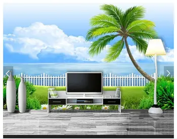 

Customized 3d photo wallpaper 3d wall mural wallpaper Hd balcony scene coconut trees sea background wall living room decoration
