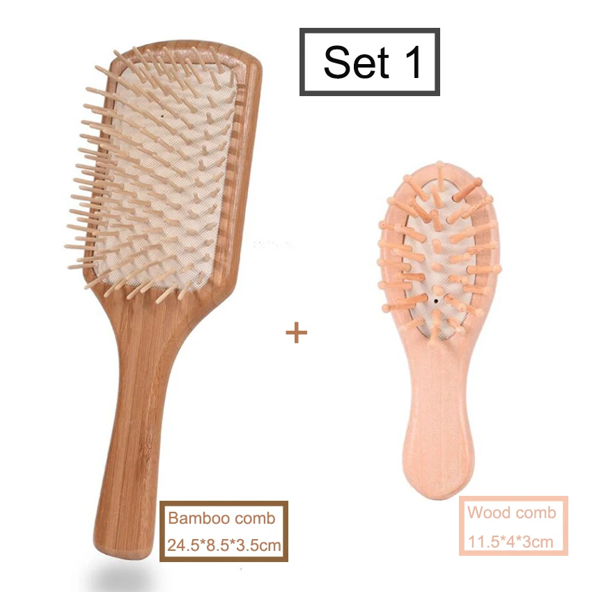 2Pcs/Set Wooden Bamboo Hair Brush + Small Wood Hair Comb Set Prevent