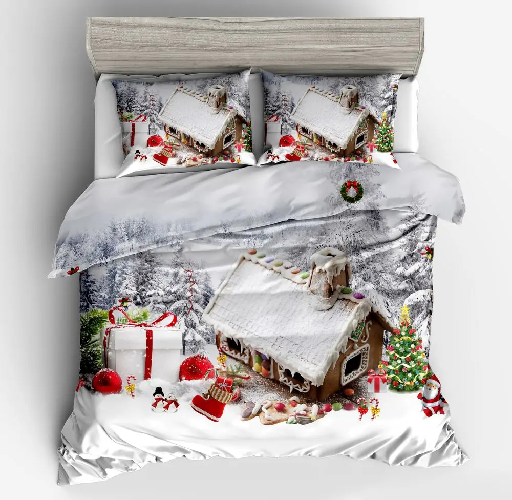 

Snow House Duvet Cover Set,Wooden Rustic Cottage Tree Gift Scenery Winter Christmas Decor,2/3 Piece Bedding Set with Pillow Sham