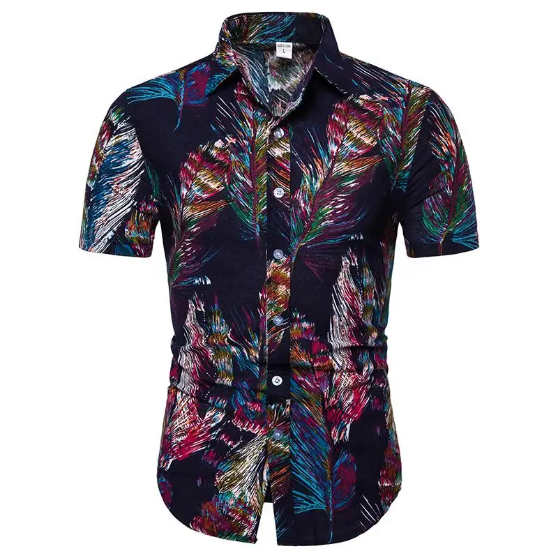 

Hawaiian Shirt for Man Feather pattern Linen Cotton Short-sleeved Blouse Men Social Shirt Men's Clothing Slim fit Summer
