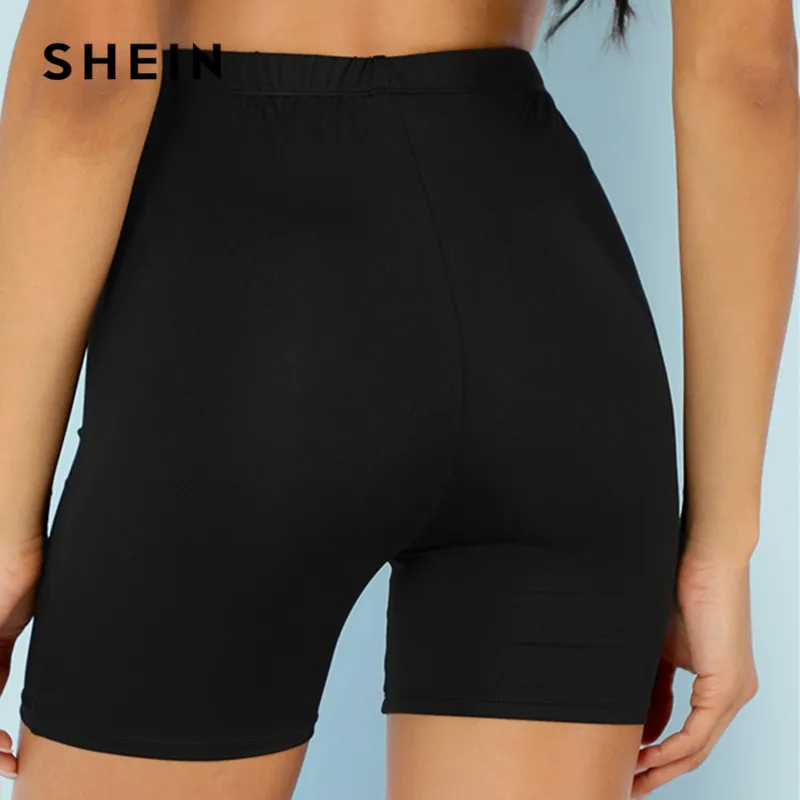 SHEIN الصلبة الدراجات عالية الخصر طماق النساء 2019 Athleisure المحاصيل اللياقة البدنية طماق الصيف السيدات عارضة تجريب طماق