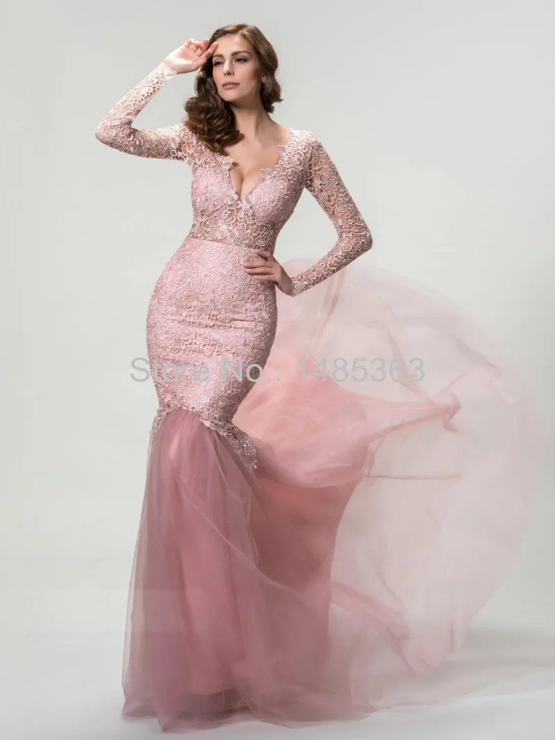 Tienda Online 2015 V Neck Equipada Vestido de Fiesta Sin Respaldo para Las Mujeres Madrina Vestido de Sirena de Manga Larga de Encaje de Color Rosa Vestido