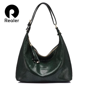 

Realer hobos women handbag genuine leather shoulder bag female tassel ladies bag high quality serpentine print leather tote bag