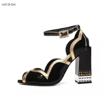

2020 women party shoes summer black leather sandals wedding shoes diamond buckle sandals peep toe metal gladiator sandals