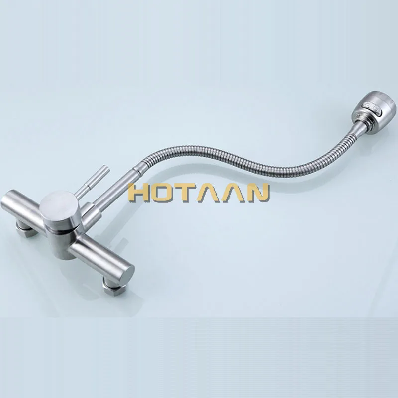 Wall Mounted Stream Sprayer Kitchen Faucet Single Handle Dual Holes SUS304 Stainless Steel Flexible Hose Kitchen Mixer Taps 6032