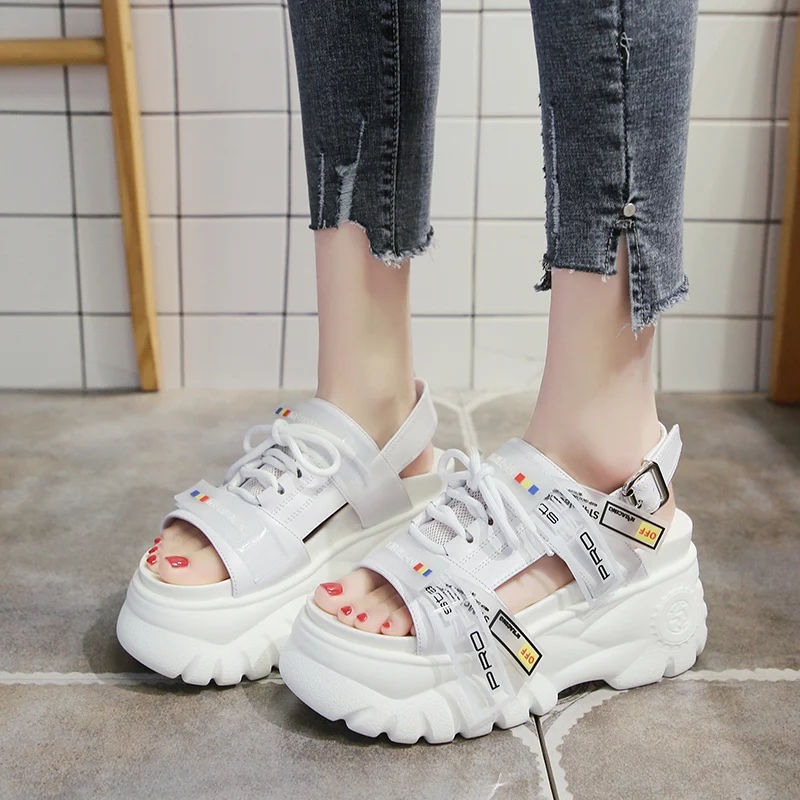 

2019 Summer Women Sandals Thick Bottom Wedge Platform Sandals Ladies Ankle Strap Open Toe Shoes Woman White Black Shoes YH-84