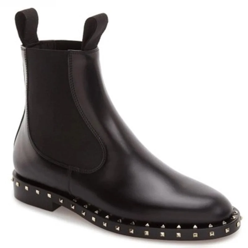 

Genuine Leather Black Cowhide Ankle Boots Womens Shoes Rivet Metal Buckle Chelsea Boots Women Luxury Shoes Women Designers