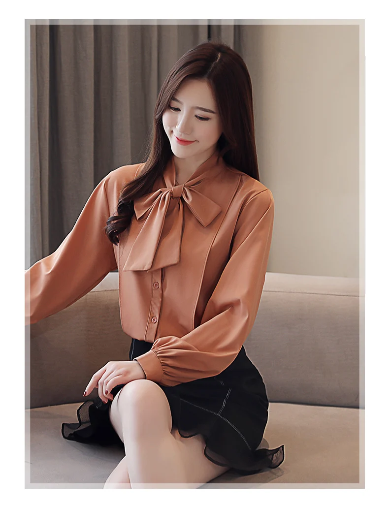 Модные женские топы и блузки, шифоновая однотонная блузка, рубашка с бантом, офисная блузка, фонарь, женские рубашки с длинными рукавами 2444 50