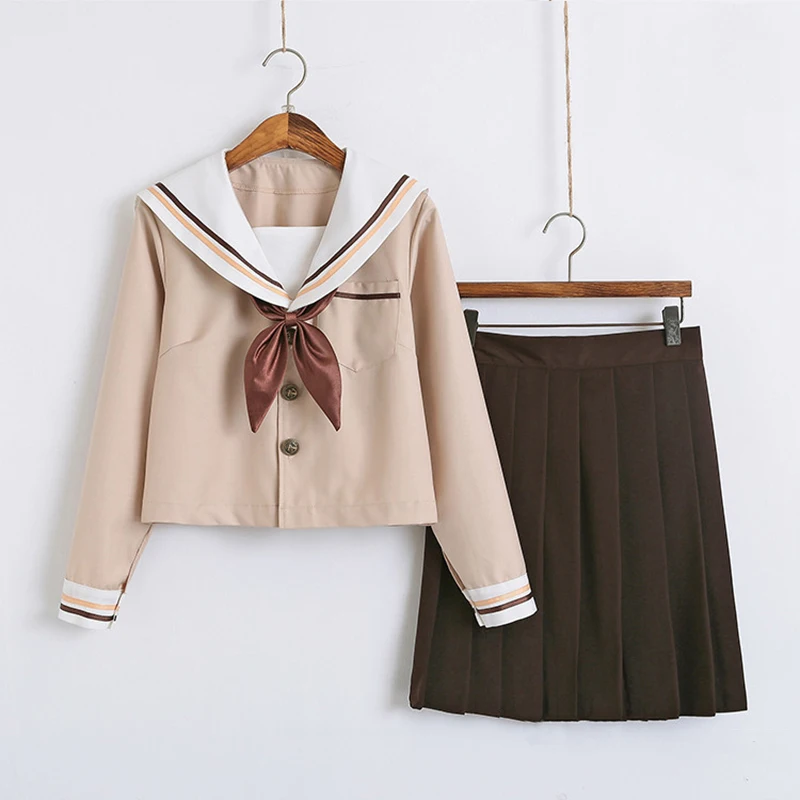 New Arrival Sailor School Uniform Sets JK School Uniforms For Girls Khaki Shirt And Brown Skirt Suits Student Cosplay S-2XL