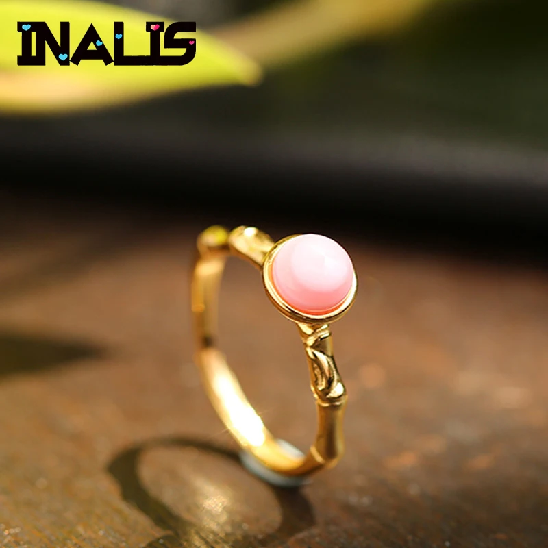 

INALIS Vintage 925 Sterling Silver Rings for Women Gold Plated Inlaid Pink Queen Shell Finger Fine Jewelry Girl Wedding Bijoux