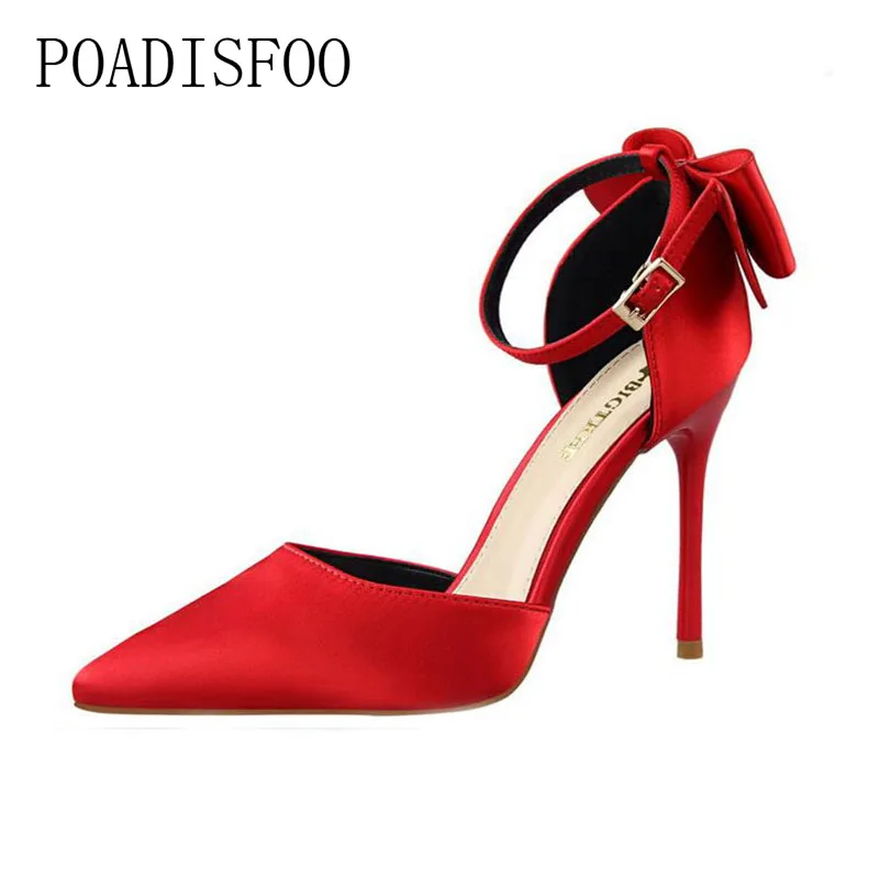 

POADISFOO 2018 women pumps Sweet Shoes High Heel Shallow Mouth Sharp Silk Satin Hollow Bow Ribbon Sandals .ZWM-5196-1