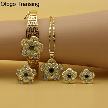 

Otogo Transing 2019 Party Gold Color Jewelry Set Charm Women Fashion Black Crystal Ring Earrings Necklace Bracelet Flower SET210