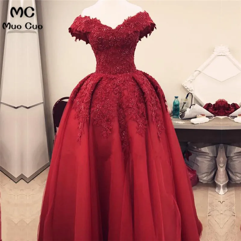 Burgundy Lace Off Shoulder Tulle Floor Length Evening Gowns 2017