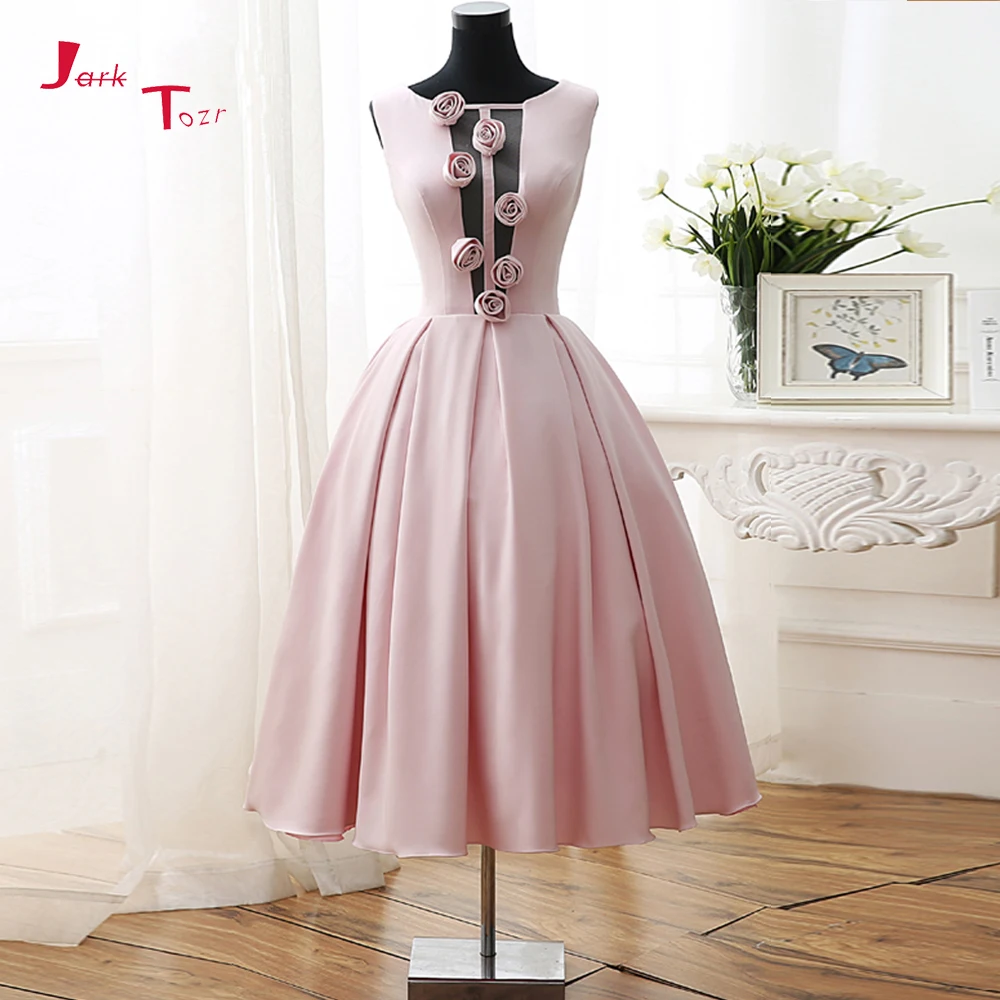 

Jark Tozr 2019 New Arrive Tea Length Formal Gowns Vestido De Festa Sexy Backless Pink Satin Flowers Bridesmaid Dresses