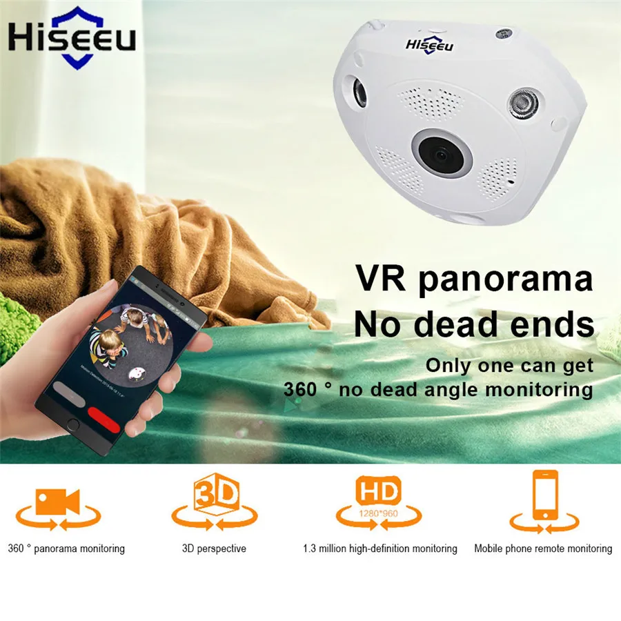 

Hiseeu Hd 720p Endoscop Mini Wifi Wireless Ip Camera 360 E-PTZ Fisheye CCTV Camera Video Storage Remote Baby Monitor Wholesales