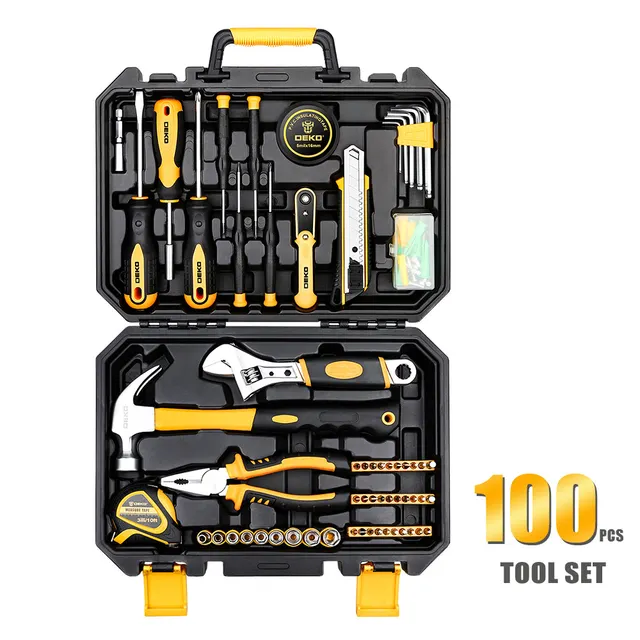 DEKO Hand Tool Set General Household Hand Tool Kit with Plastic Toolbox