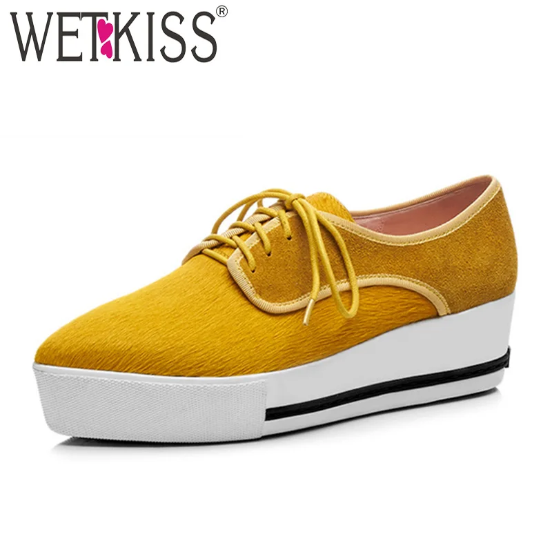 

WETKISS 2018 New Casual Women Flats Horsehair Pointed Toe Lace Up Footwear Fashion Spring Sneakers Female Platform Shoes Black