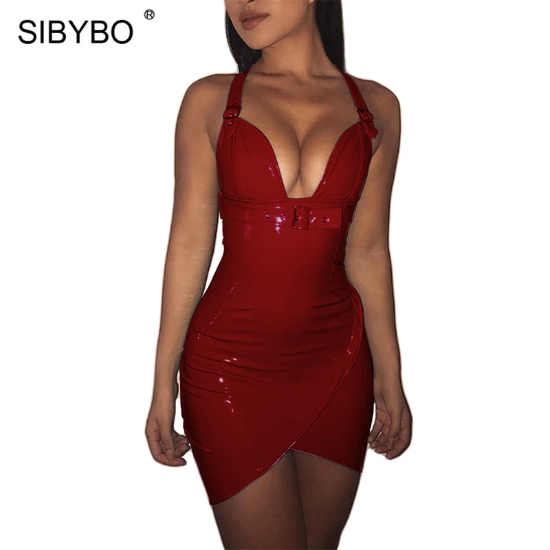 

Sibybo Halter Deep V-Neck PU Sexy Dress Women Sleeveless Spaghetti Strap Mini Summer Women Dress Backless Club Party Dresses