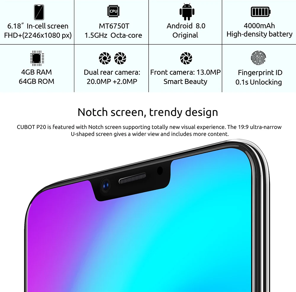 Cubot P20 задняя двойная камера 20MP + 2.0MP 19:9 мАч 6,18 4000 "1080*2246 FHD + Notch screen ГБ + 64 ГБ Android 8,0 MT6750T Octa-Core 4 GLTE