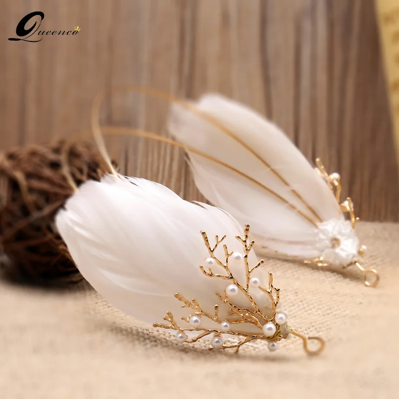 

White feather headbands wedding dress accessories women headdress branches hair ornaments crowns and tiaras