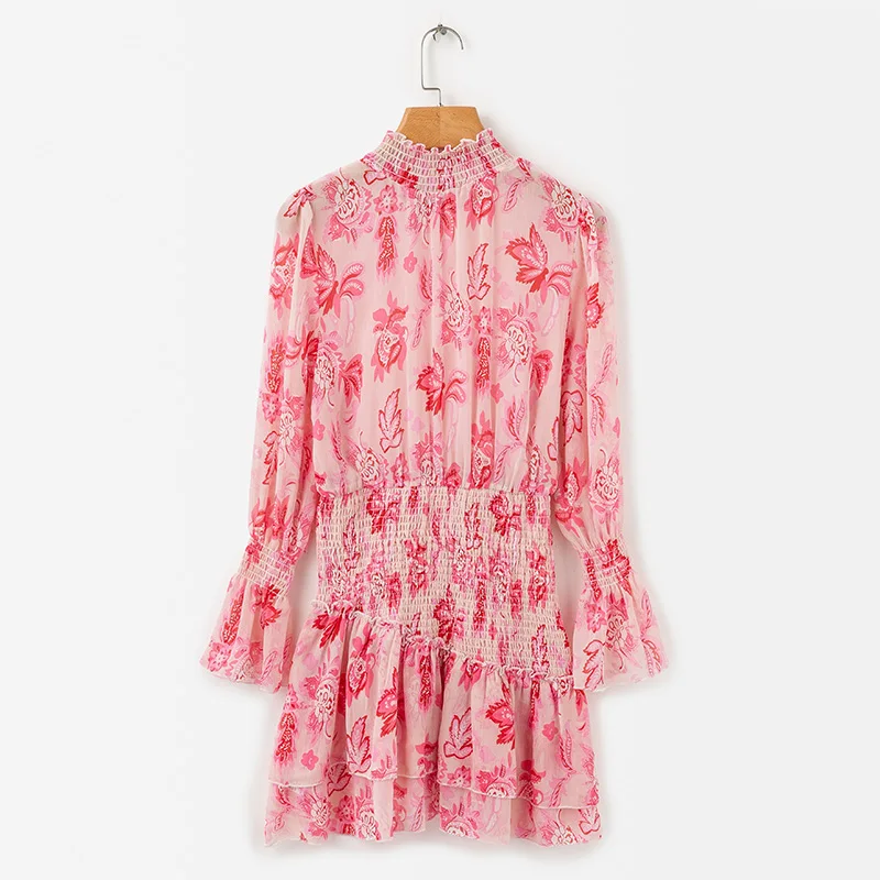 BONGOR LUSS Ruffles Mini Dress Autumn Floral Print Stand Collar Chiffon Dress Long Flare Sleeves Sexy Women Party Dresses  (19)