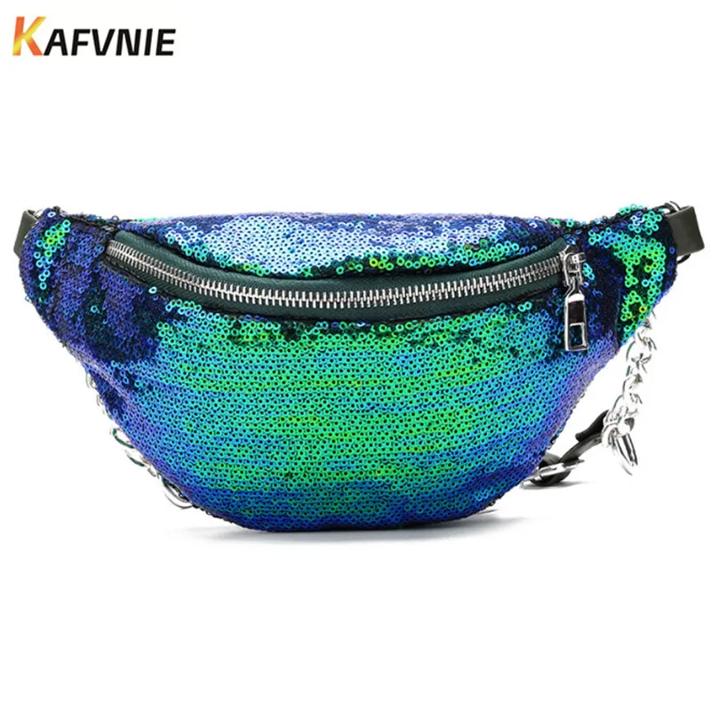 KAFVNIE Fashion Mini Ladys Belt Bags PU Shining Handbags Women Bags Designer Waist Bag Pink