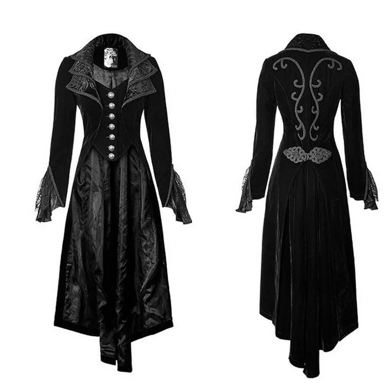 

Punk Rock Women New Stylish Gohtic Long Coat Black Color Embroidery Long Sleeve Jackets Plus Size XXXL With Single Breasted