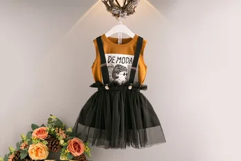 

wholesale girl dress set New Summer Korean Letter Printed Sleeveless Tshirt + Backband Screen mesh dress Suit 2pcs kids 3-8Y