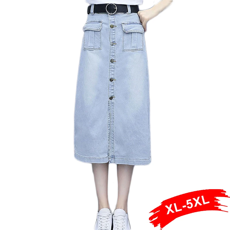 

Plus Size Button Up Design Pockets White Mom Jeans Front Split Slim Skirt 7Xl 5Xl Summer Push Up Straight Pencil Denim Skirts