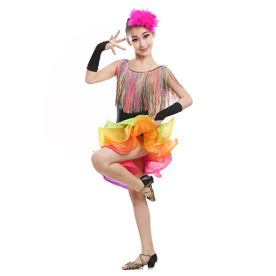 

Детское платье для латиноамериканских танцев, танцевальные костюмы для выступлений, новые костюмы с блестками и бахромой, do92