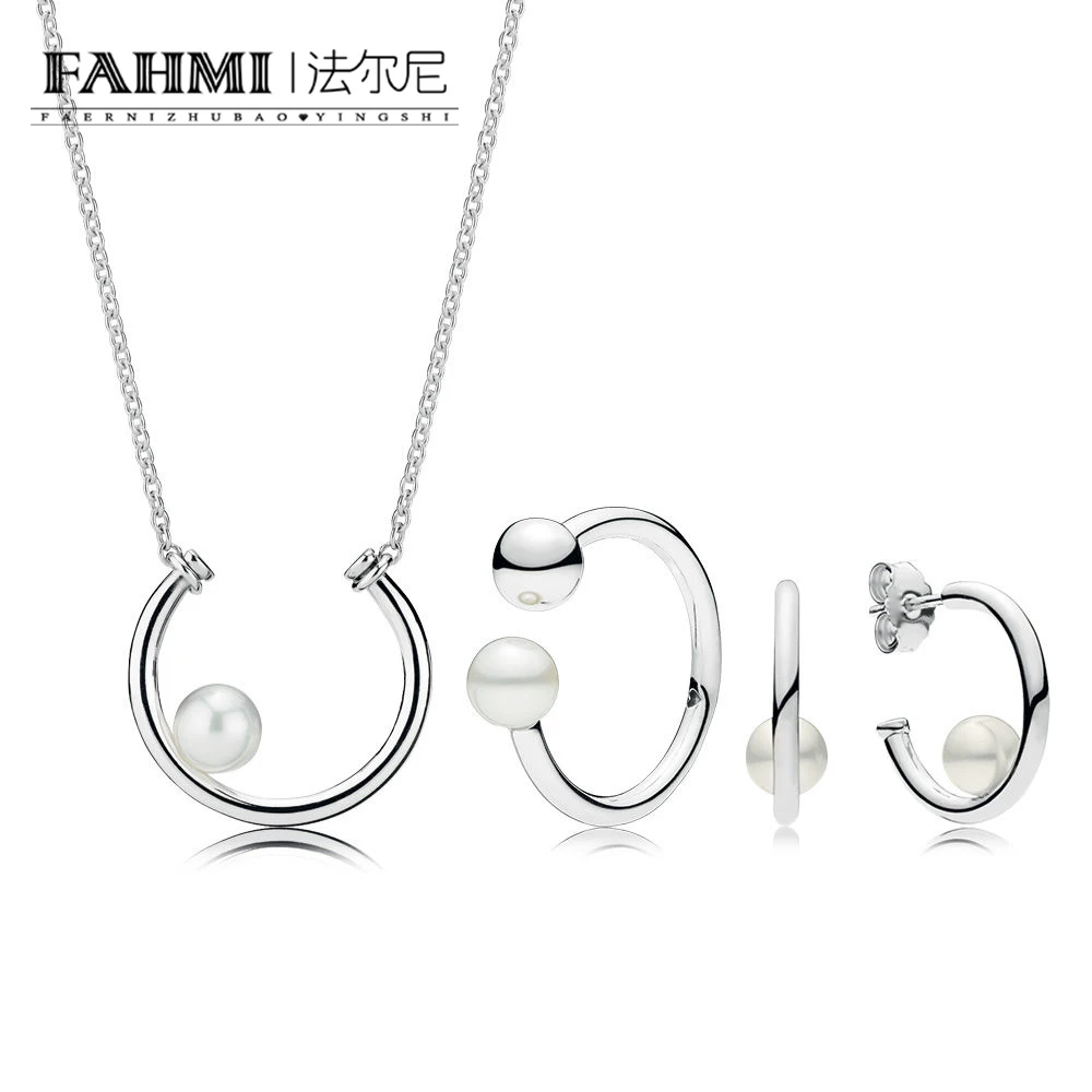 

FAHMI 100% 925 Sterling Silver 1:1 RAU0536 Purely Open Ring Contemporary Pearls Hoop Earrings Necklace Fashion Winter Gift Set