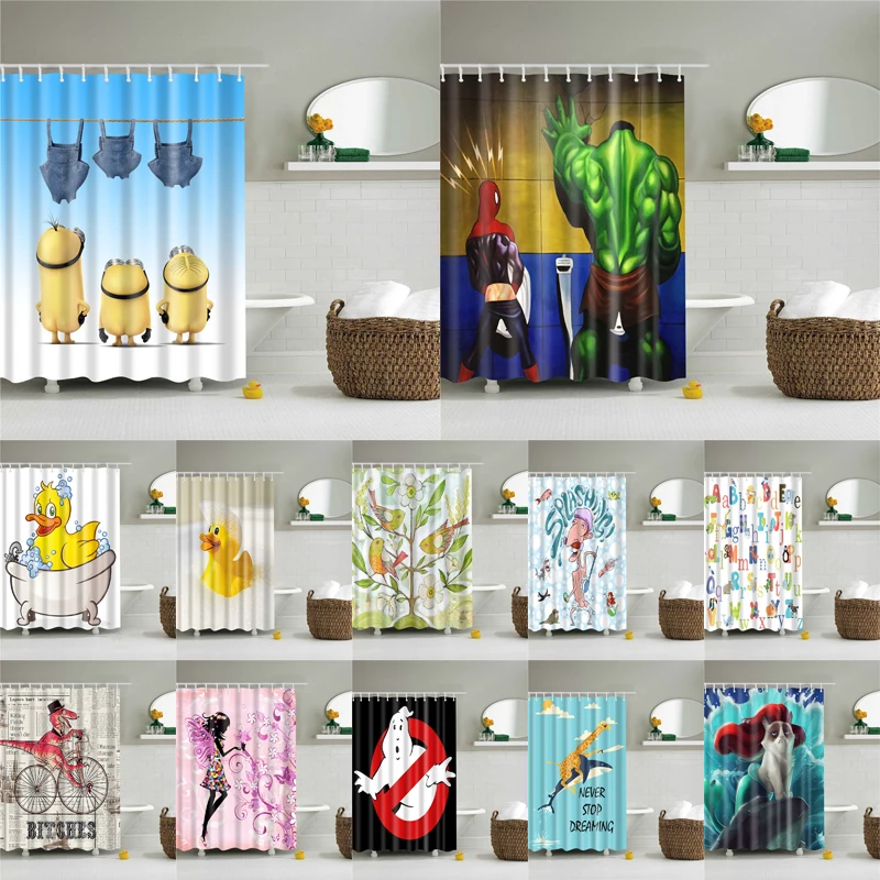 Preise 1 stück Wasserdicht Polyester Stoff Dusche Vorhang mit 12 Haken Cartoon Bad Vorhang Hause Dekoration Anime Bad Vorhänge