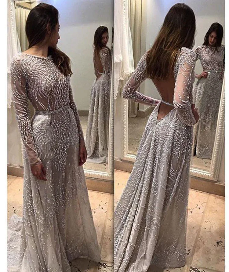 

Spring Autumn Long Sleeve Elegant Dress for Evening Party Sequin Backless Gothic Floor Length Bride Dress Sexy Gray Women Dress