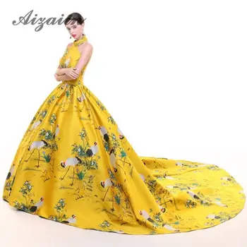 

Sexy Backless Halter Trailing Long Evening Dresses 2018 Yellow Crane Luxury Cheongsam Gown Wedding Dress Chinese Qipao Modern