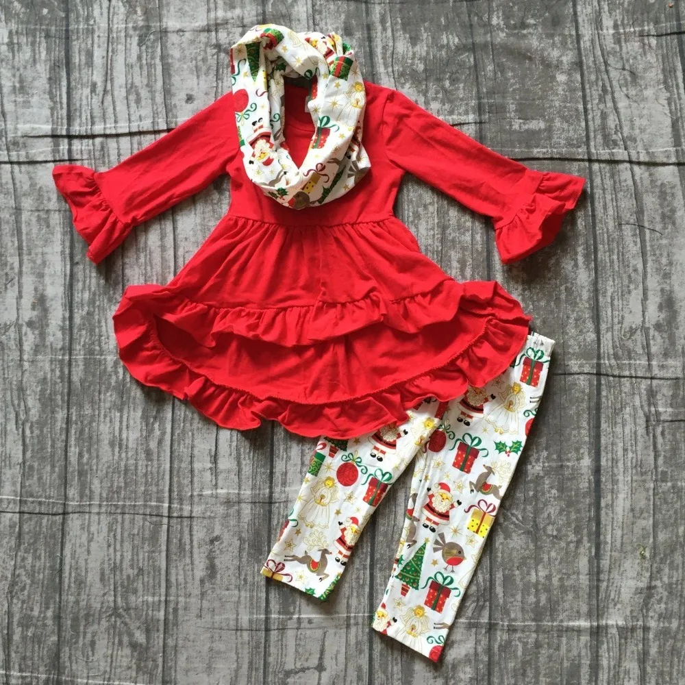 

baby girls fall/winter 3 pieces sets scarf ruffle boutique children cotton clothes christmas gift print red dress top outfits