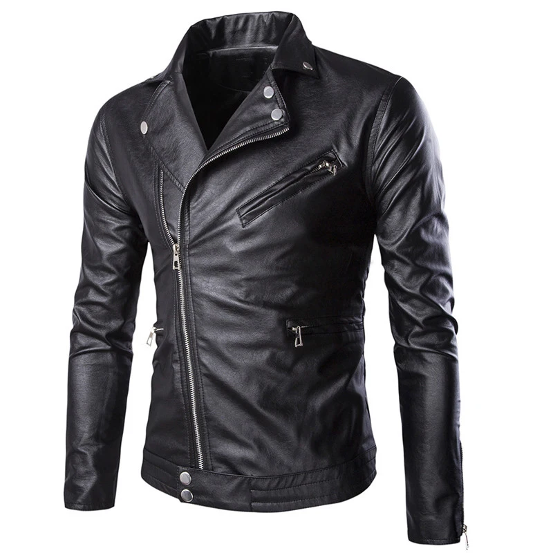 Осенняя мужская популярная красивая куртка из искусственной кожи, Панк новая синяя черная кожаная куртка с косой молнией, Мужская Размер M-3XL 4XL 5XL
