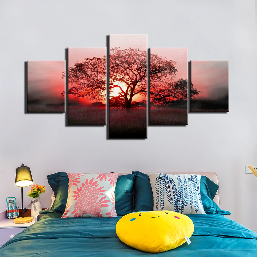 

sunset Abstract Tree 5 Pieces Posters Prints Wall Art Canvas Painting plants Wall Picture for Living Room Home Decor F2376