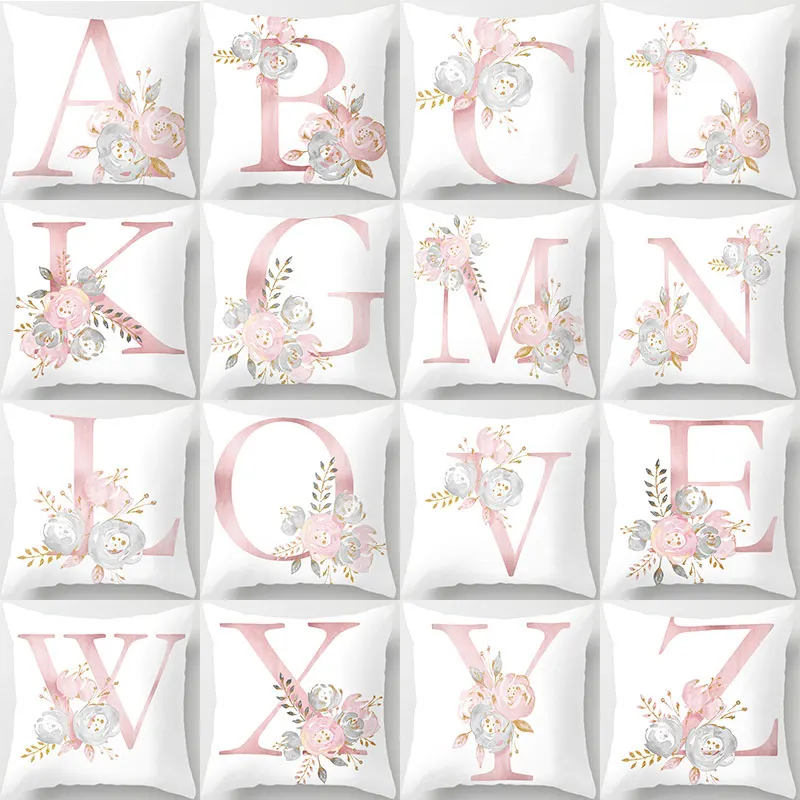 

26 Alphabet Initials Pink English Letters Cushion Covers Watercolor Painting Flower KING LOVE HOME Cushion Cover Pillow Case