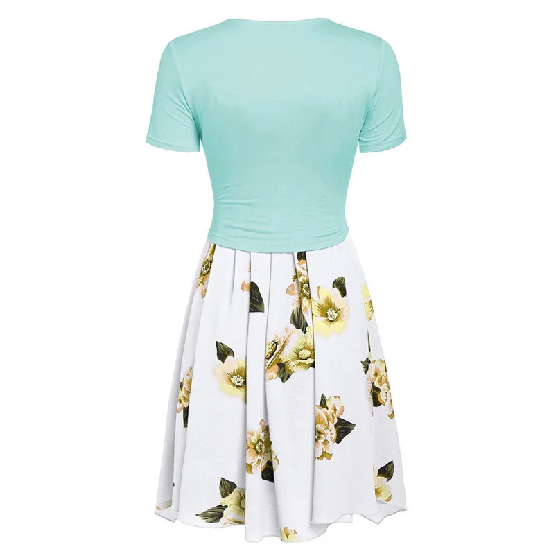 New Fashion Women Summer Short Sleeve Front Cross Cross Top Floral Print Mini Dress Elegant Ladies Casual Party Vestidos #4R09   (16)