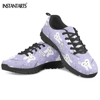 

INSTANTARTS Cartoon Tooth Flower Printing Flats Shoes for Girls Student Lace Up Breathable Workout Sneakers Women Shoes Light